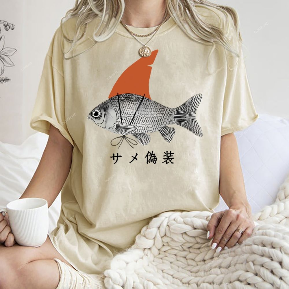 Unisex Fish Disguise Printed Washed Tee