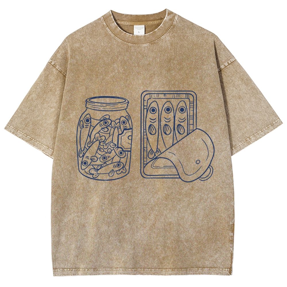 Unisex Sardine Can Printed Washed Tee