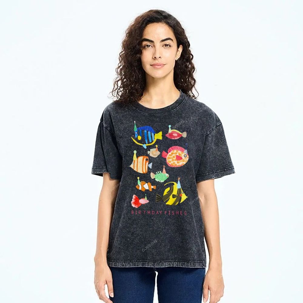 Unisex Birthday Fish Printed Washed Tee