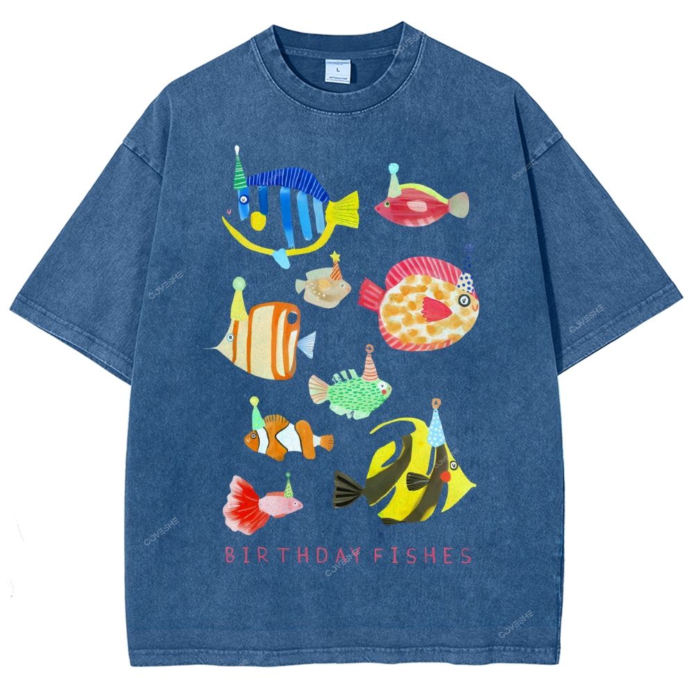 Unisex Birthday Fish Printed Washed Tee