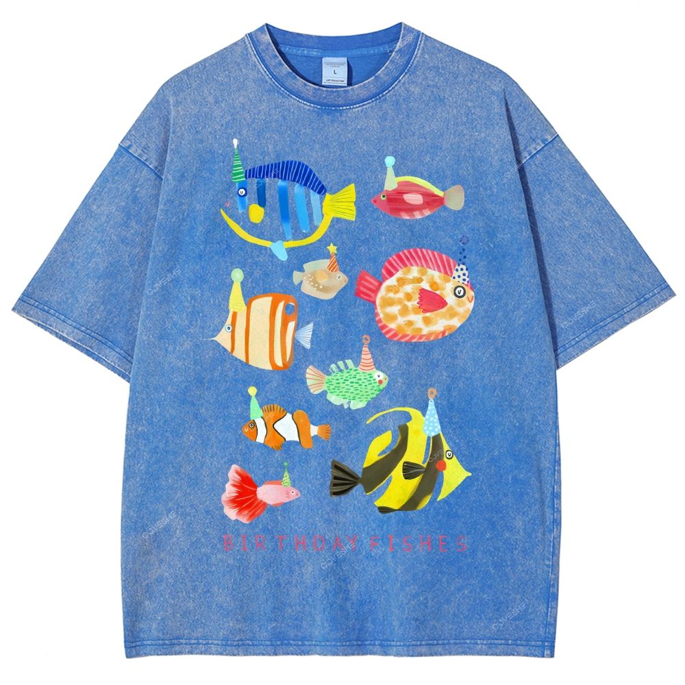 Unisex Birthday Fish Printed Washed Tee