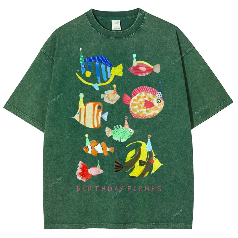 Unisex Birthday Fish Printed Washed Tee