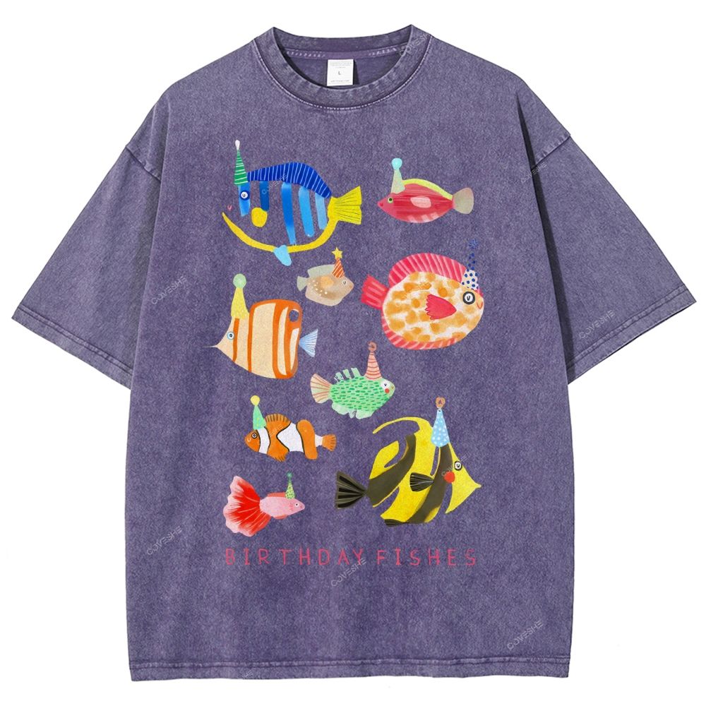 Unisex Birthday Fish Printed Washed Tee