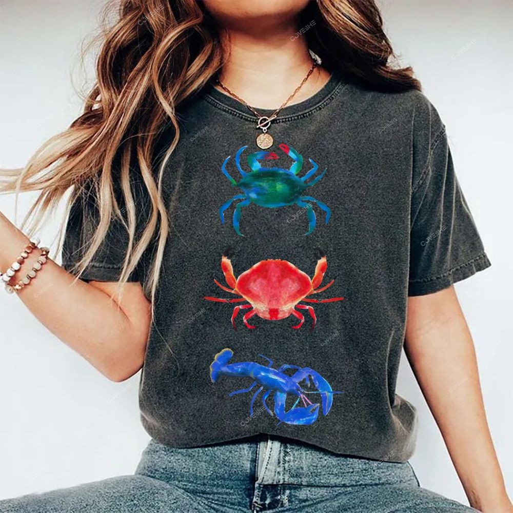 Unisex Artistic Crab Lobster Printed Washed Tee