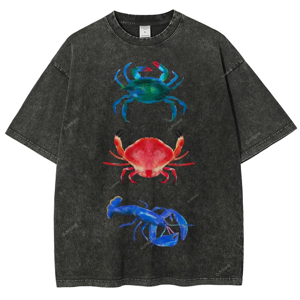 Unisex Artistic Crab Lobster Printed Washed Tee