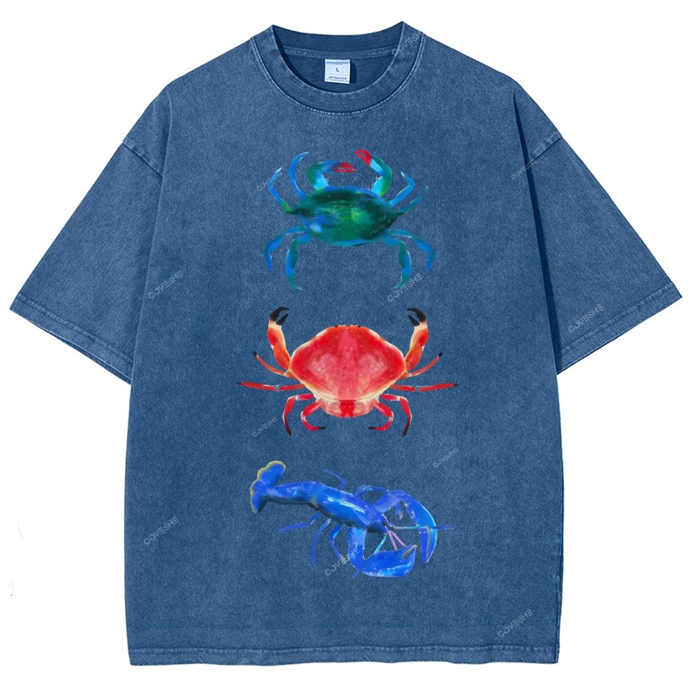 Unisex Artistic Crab Lobster Printed Washed Tee
