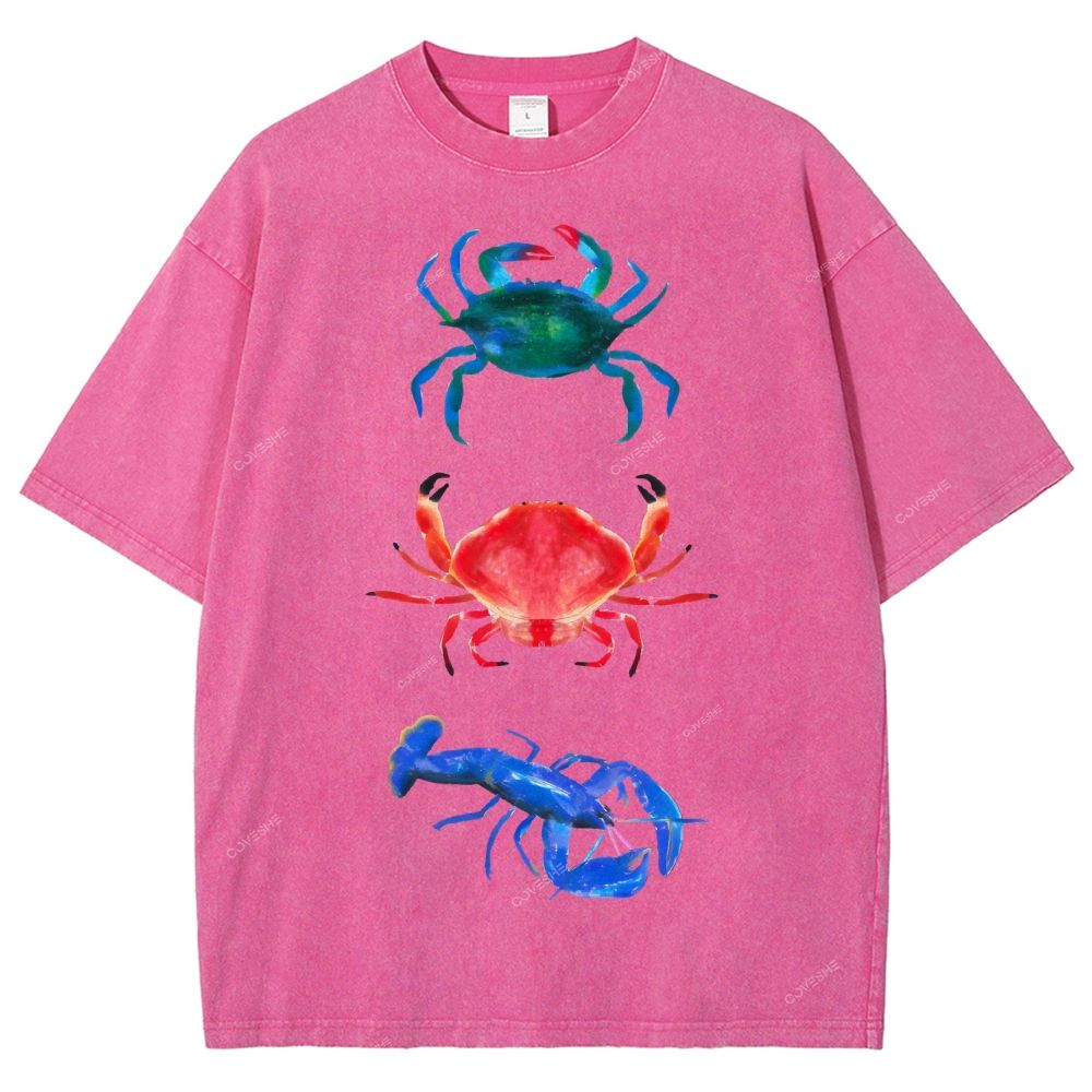 Unisex Artistic Crab Lobster Printed Washed Tee