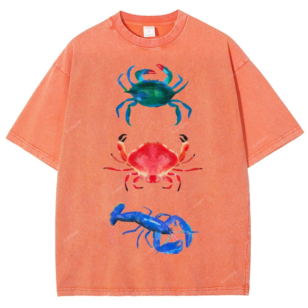 Unisex Artistic Crab Lobster Printed Washed Tee