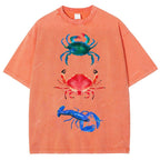 Unisex Artistic Crab Lobster Printed Washed Tee