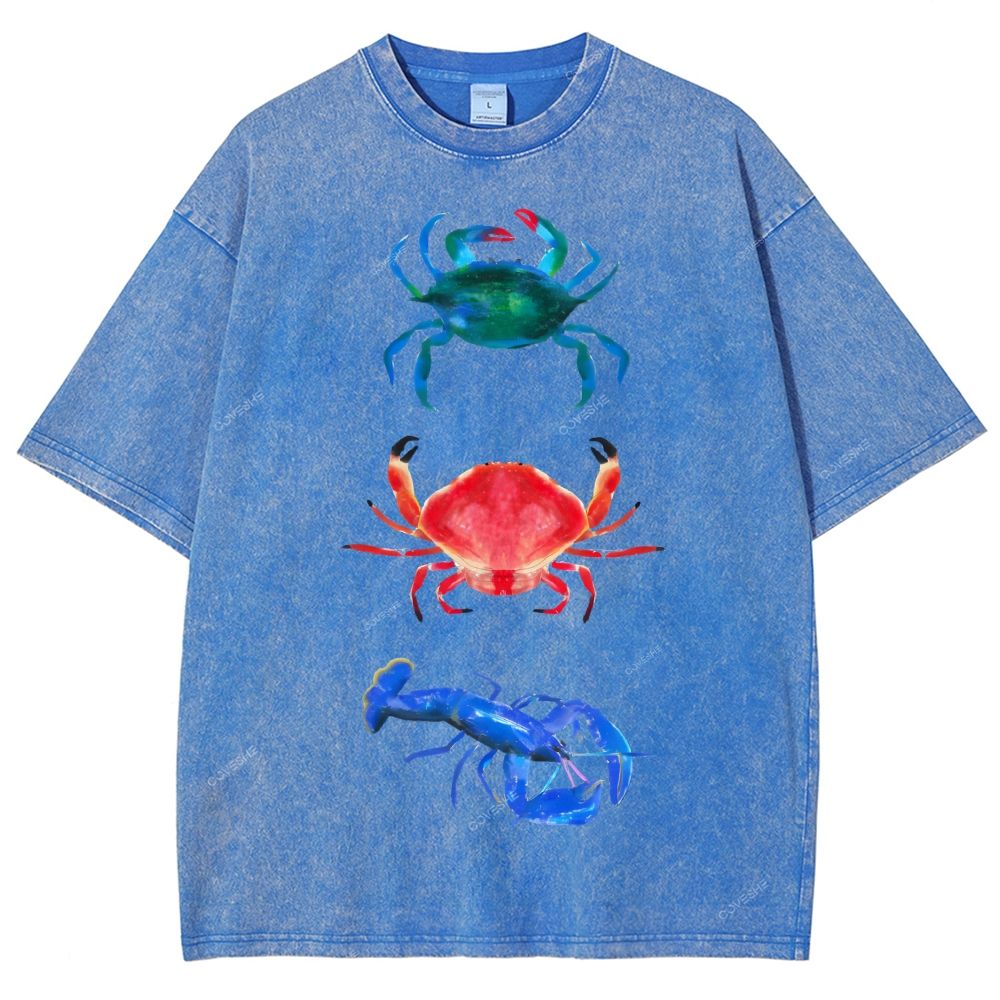 Unisex Artistic Crab Lobster Printed Washed Tee