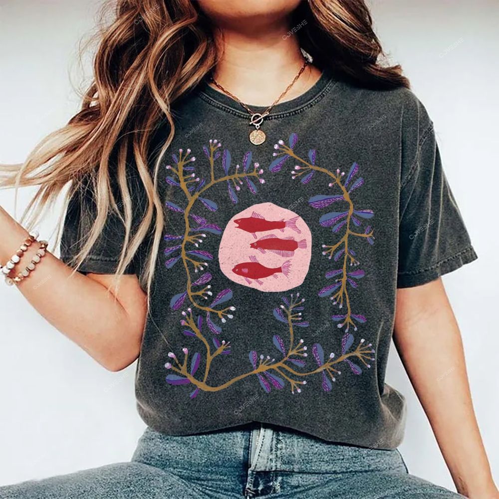 Unisex Flower Fish Printed Washed Tee