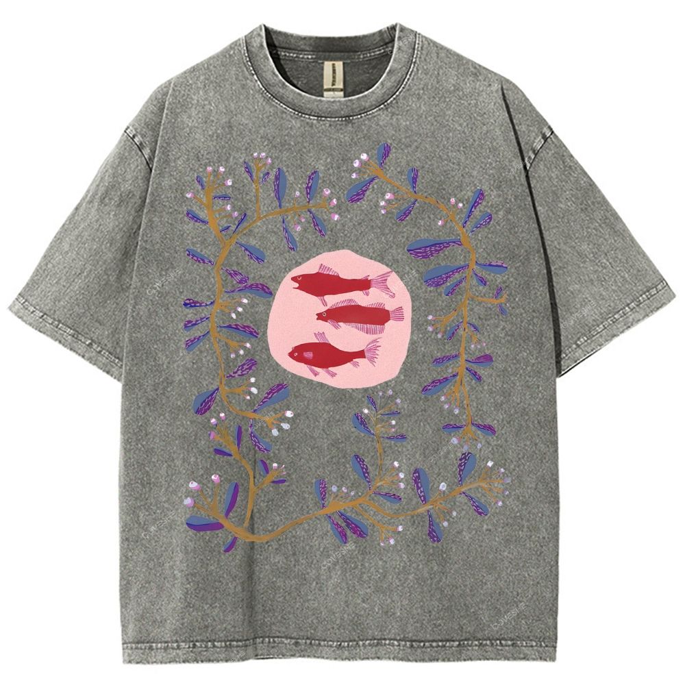 Unisex Flower Fish Printed Washed Tee