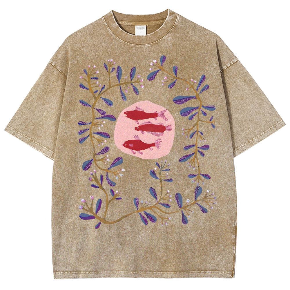 Unisex Flower Fish Printed Washed Tee