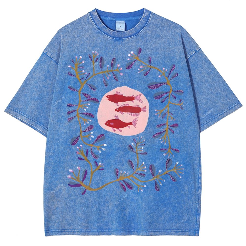 Unisex Flower Fish Printed Washed Tee
