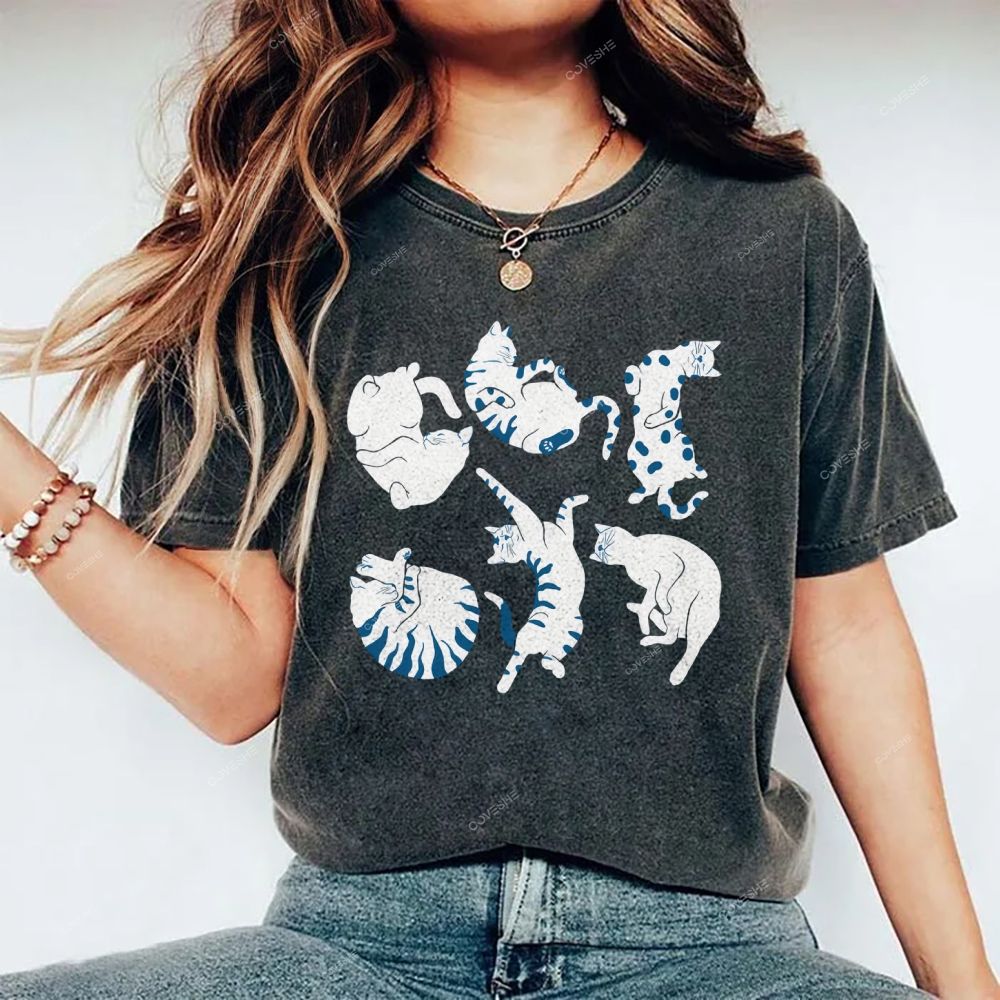 Unisex Cat Printed Washed Tee