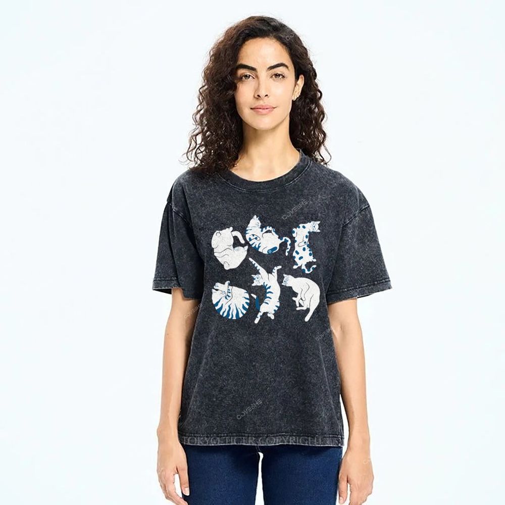 Unisex Cat Printed Washed Tee