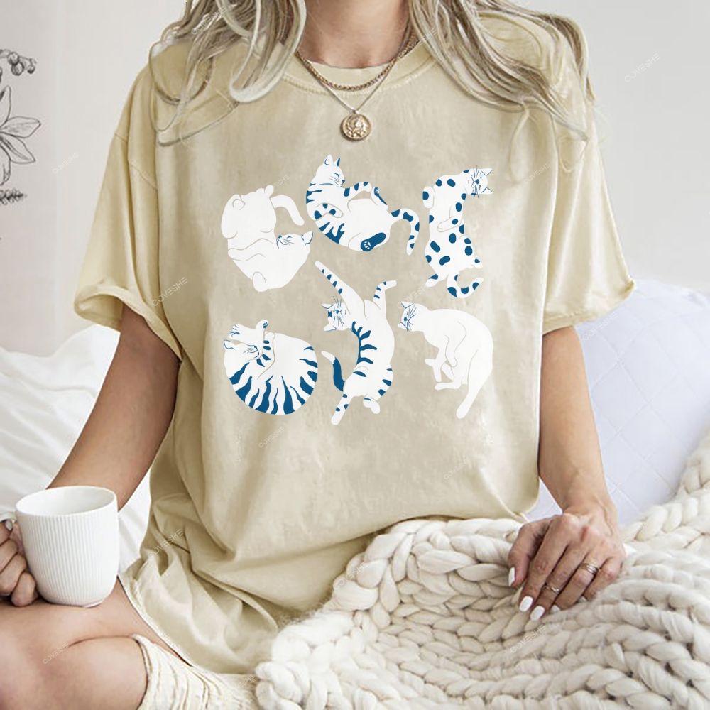 Unisex Cat Printed Washed Tee