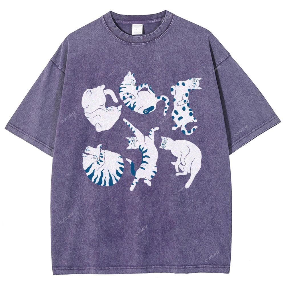 Unisex Cat Printed Washed Tee