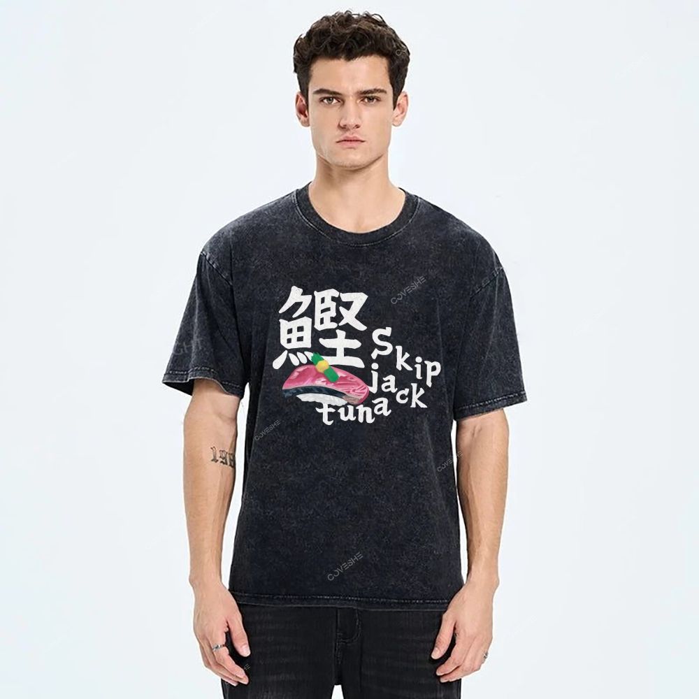 Unisex Japanese Sushi Printed Washed Tee