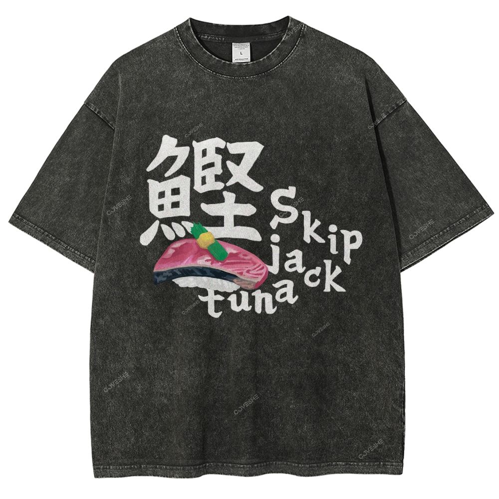 Unisex Japanese Sushi Printed Washed Tee