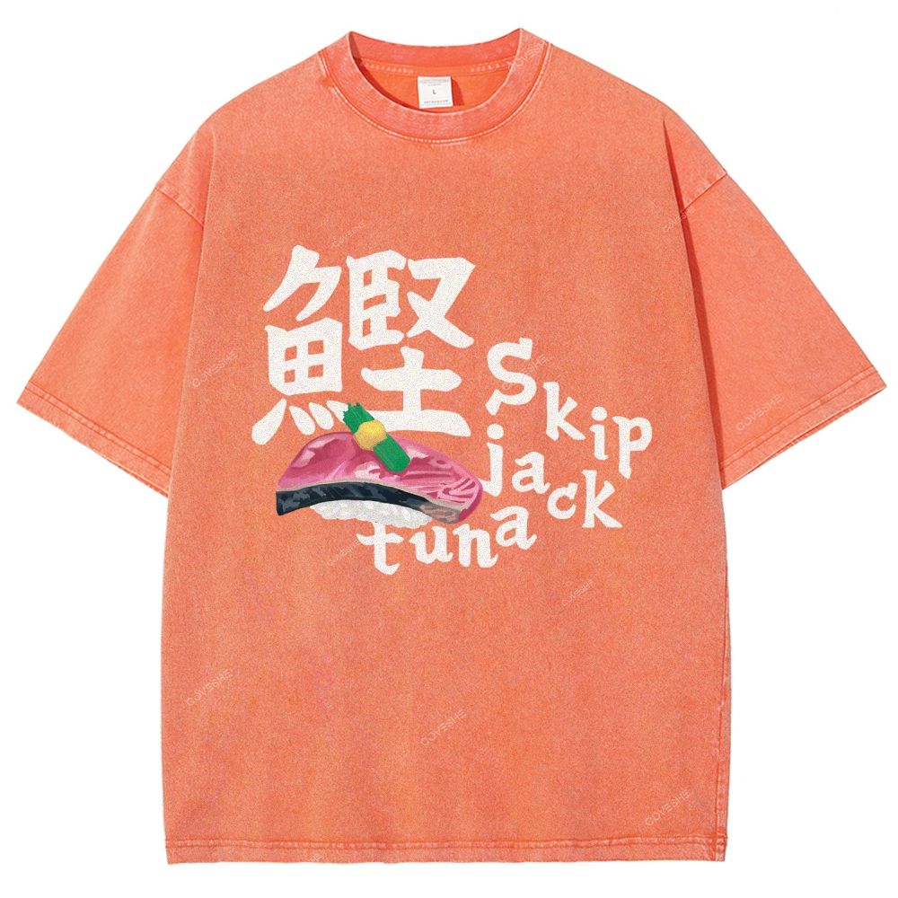 Unisex Japanese Sushi Printed Washed Tee