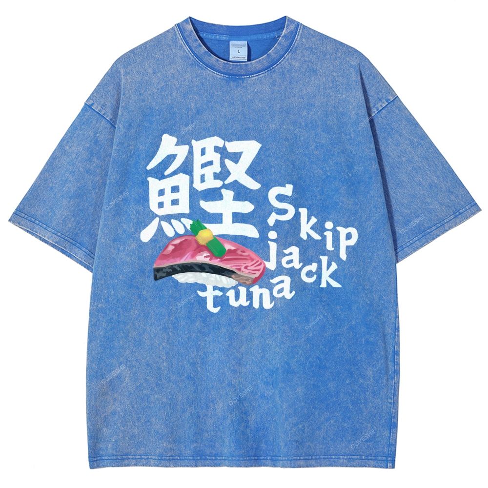 Unisex Japanese Sushi Printed Washed Tee