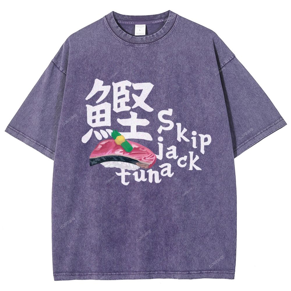 Unisex Japanese Sushi Printed Washed Tee