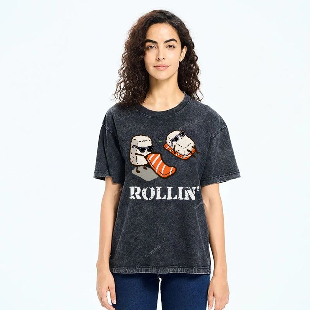 Unisex Japanese Sushi Printed Washed Tee