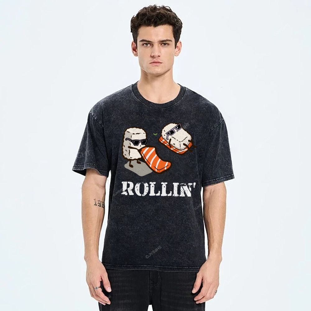 Unisex Japanese Sushi Printed Washed Tee