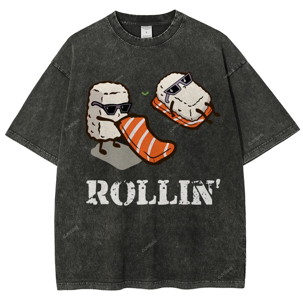 Unisex Japanese Sushi Printed Washed Tee