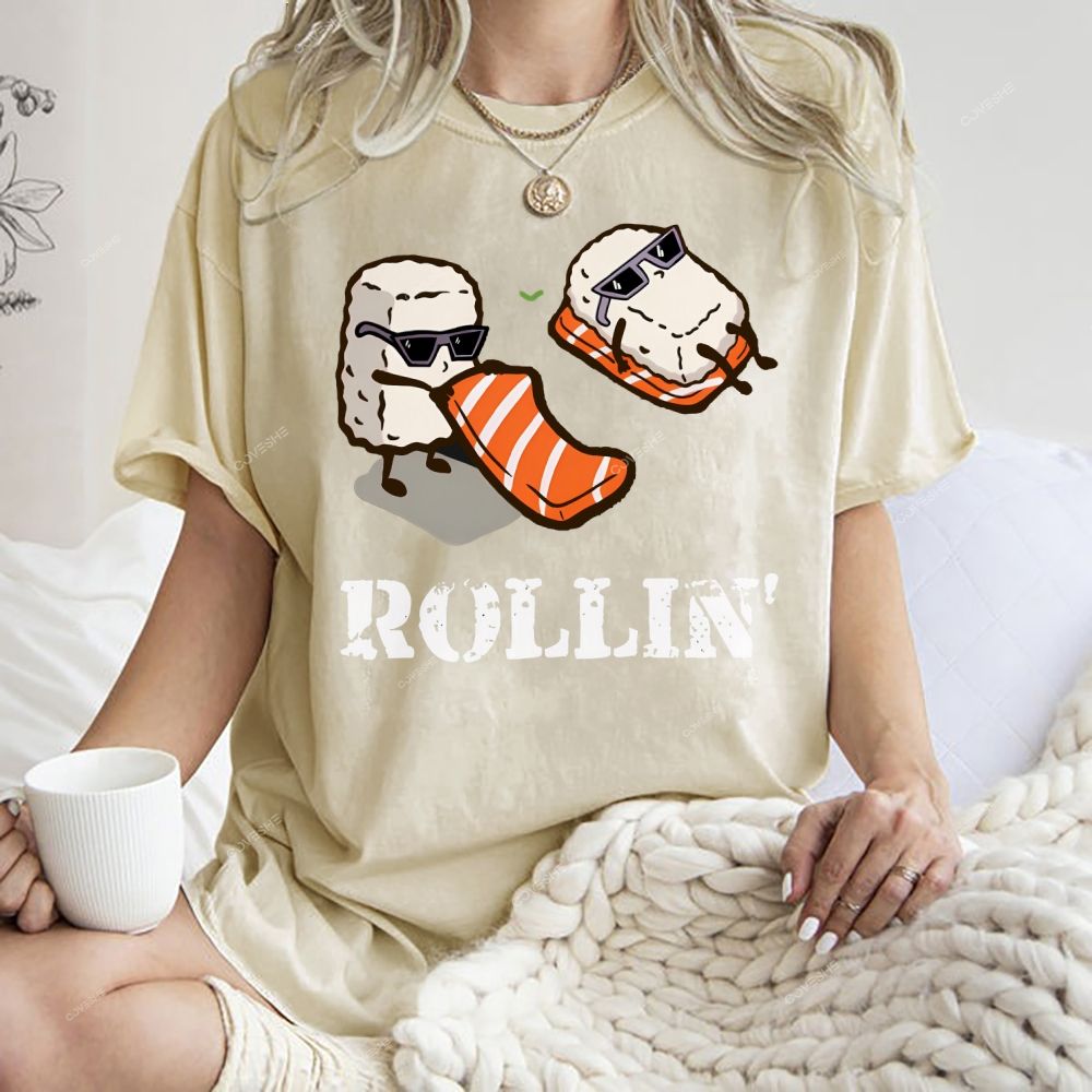 Unisex Japanese Sushi Printed Washed Tee