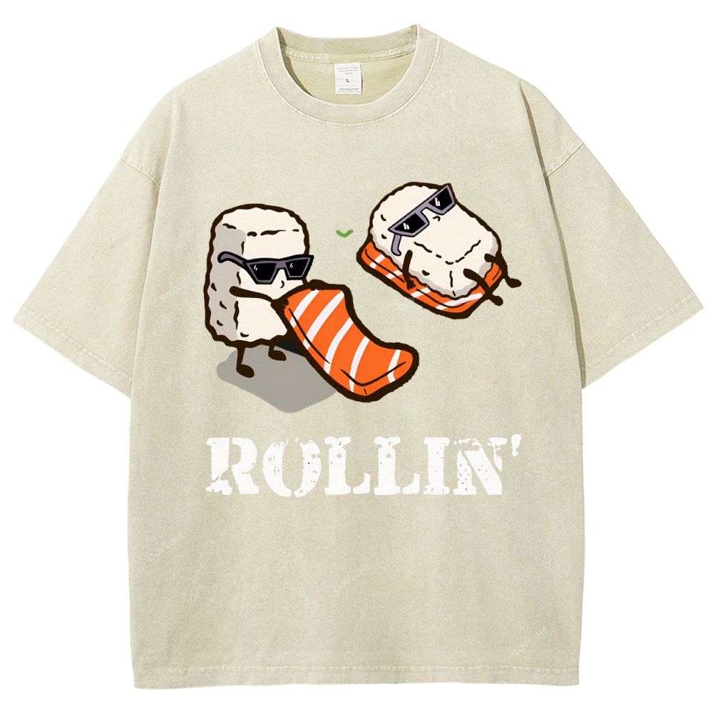 Unisex Japanese Sushi Printed Washed Tee