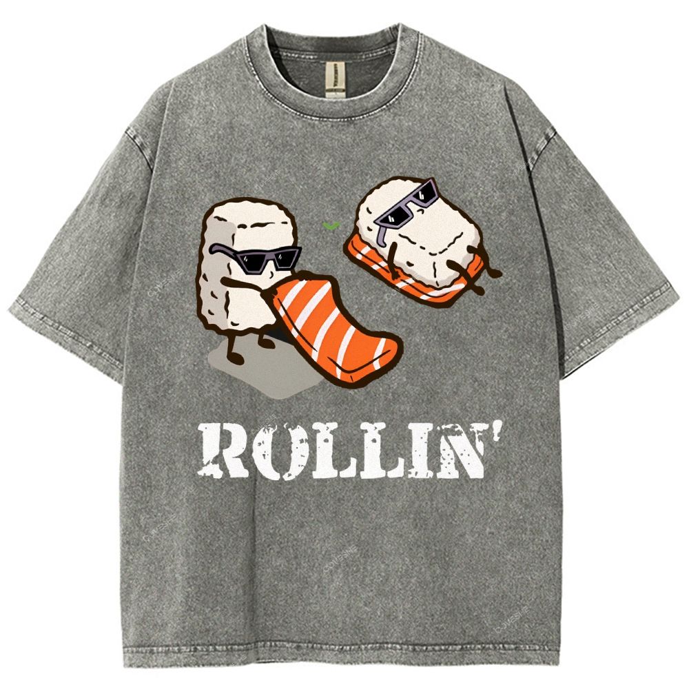 Unisex Japanese Sushi Printed Washed Tee