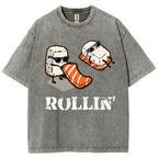 Unisex Japanese Sushi Printed Washed Tee