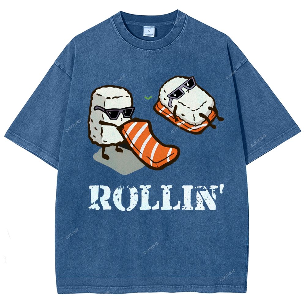 Unisex Japanese Sushi Printed Washed Tee
