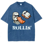 Unisex Japanese Sushi Printed Washed Tee