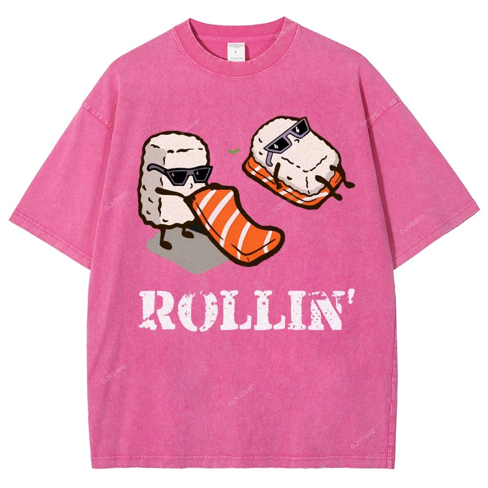 Unisex Japanese Sushi Printed Washed Tee