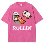Unisex Japanese Sushi Printed Washed Tee