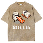 Unisex Japanese Sushi Printed Washed Tee