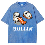 Unisex Japanese Sushi Printed Washed Tee