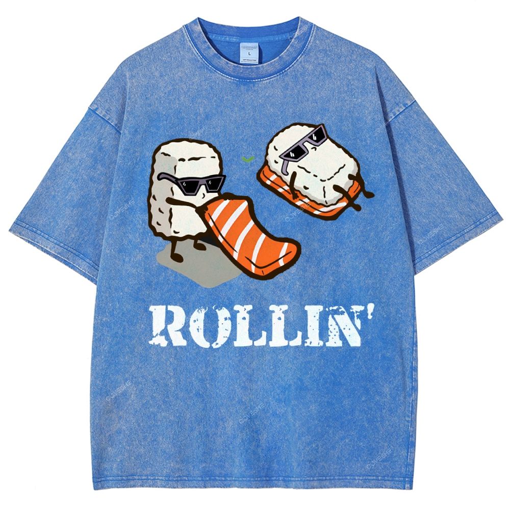 Unisex Japanese Sushi Printed Washed Tee