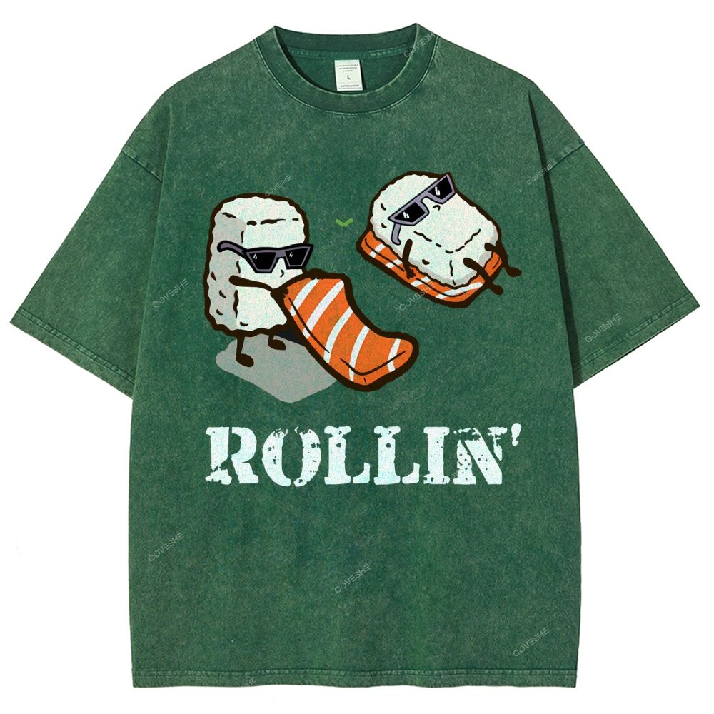 Unisex Japanese Sushi Printed Washed Tee