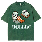 Unisex Japanese Sushi Printed Washed Tee