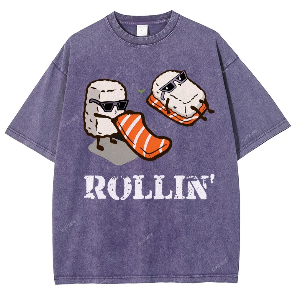Unisex Japanese Sushi Printed Washed Tee