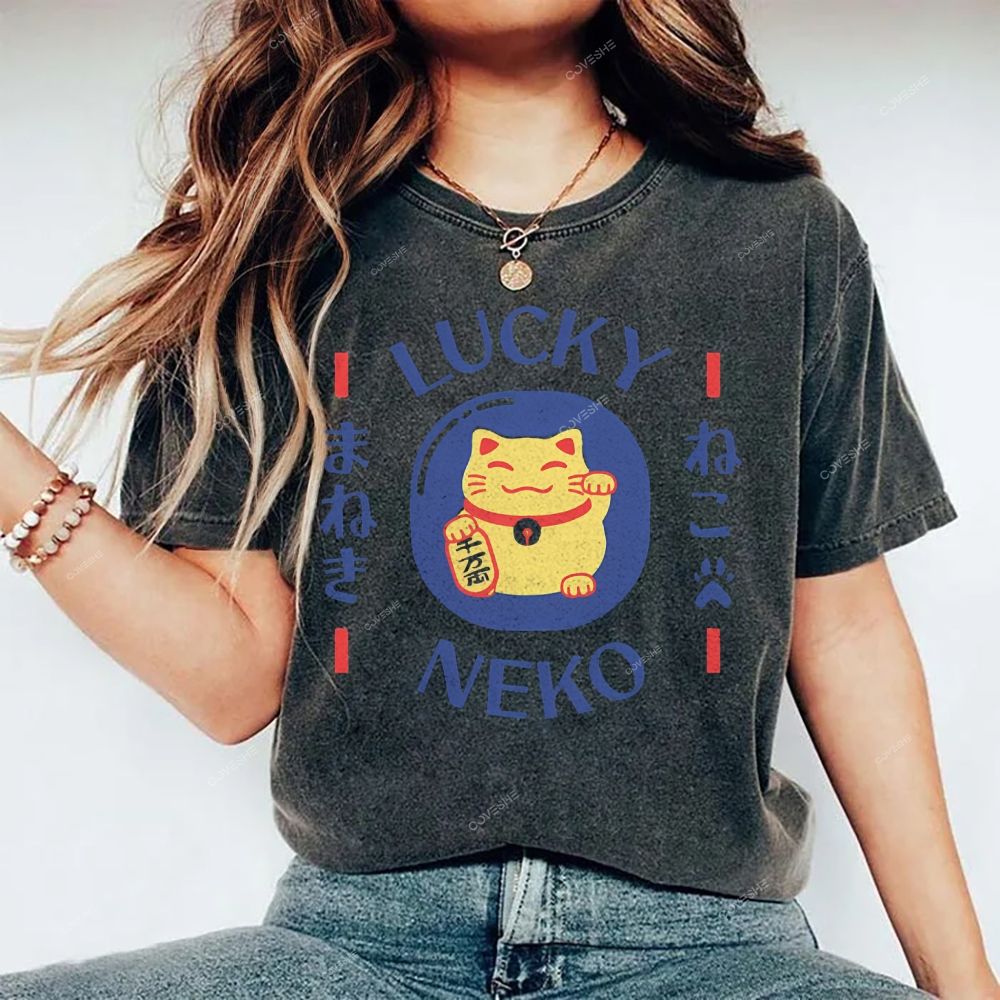 Unisex Japanese Lucky Cat Printed Washed Tee