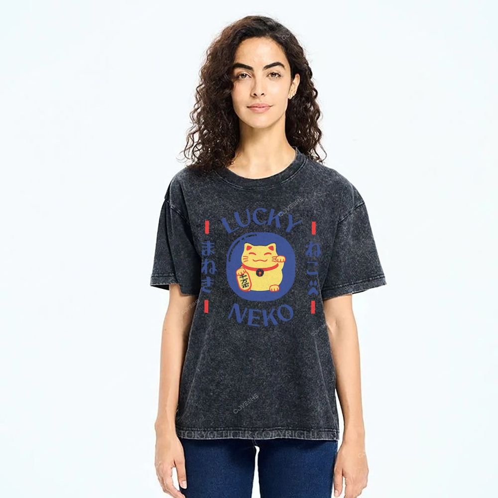 Unisex Japanese Lucky Cat Printed Washed Tee