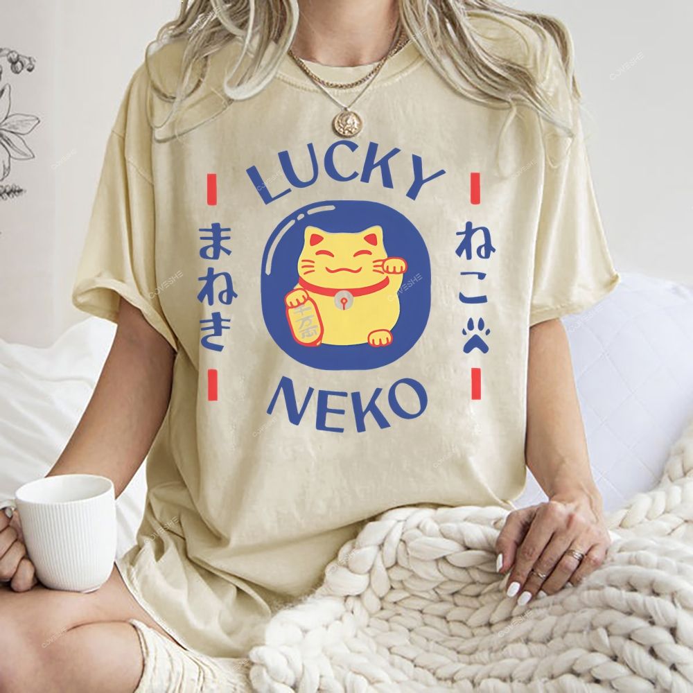 Unisex Japanese Lucky Cat Printed Washed Tee