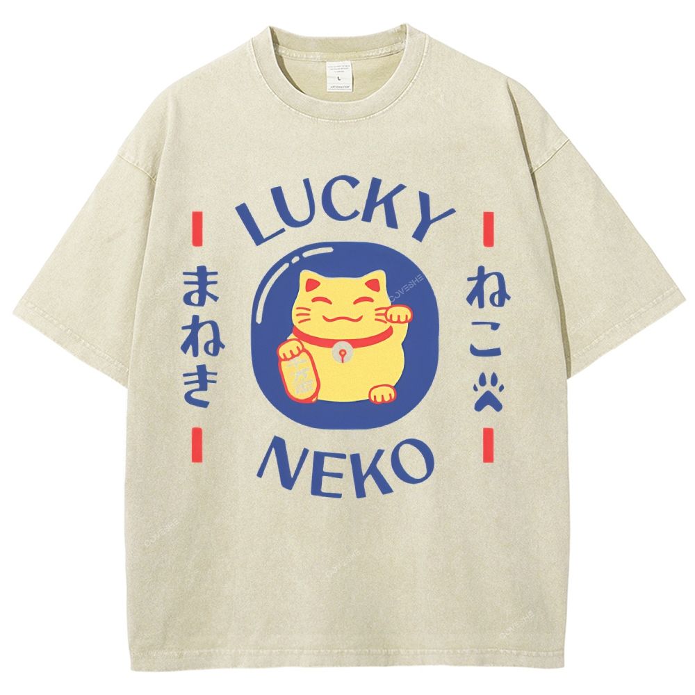 Unisex Japanese Lucky Cat Printed Washed Tee