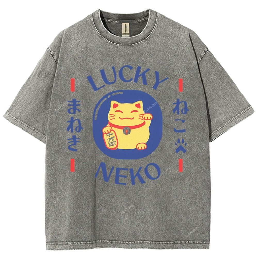 Unisex Japanese Lucky Cat Printed Washed Tee