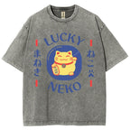 Unisex Japanese Lucky Cat Printed Washed Tee